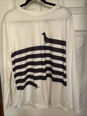 Source Unknown White Long-Sleeve Tee with Black Stripes and Dachshund Graphics